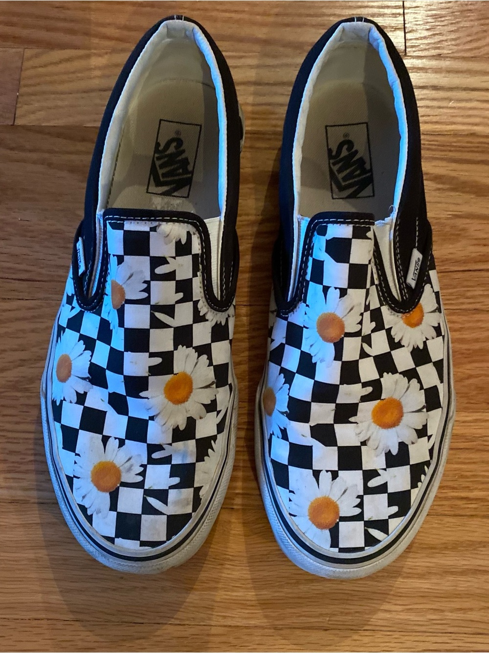Vans Kids Checkerboard Slip-On Sneakers in Black White with Yellow Daisies